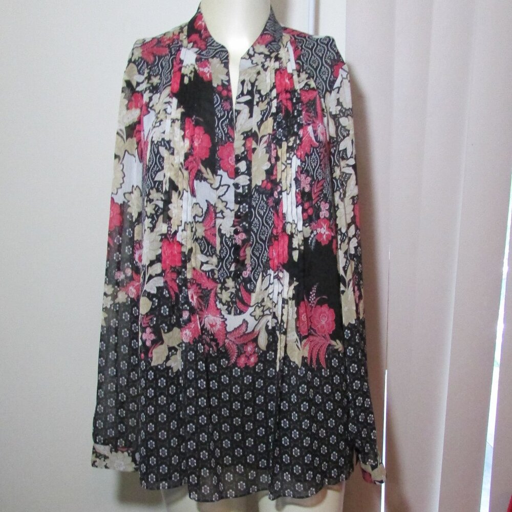 Coldwater Creek Tunic Length Top Black Pink Floral